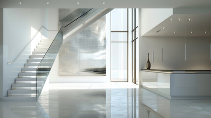  A sleek, modern American entrance hall with a floating staircase and glass railings, white walls, and a large art piece hanging