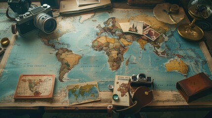 An intricate map of the world is elegantly displayed on a wooden table. The intricate patterns and...