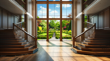 A spacious entrance hall in an American home with a grand wooden staircase and a floor-to-ceiling window displaying a landscaped garden