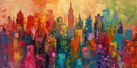 Modern impressionism technique. City template for wall poster print. Abstract Painting. Hand brush painting on a background of paint texture. Oil painting style. High quality photo