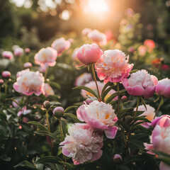 Sunset Glow Over Lush Peony Garden