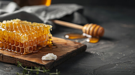 fresh honeycomb on wooden board with honey dipper and herbs