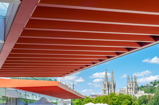 BURGOS, SPAIN - JUNE 8, 2014: View of the Gothic cathedral of Burgos, Spain, from the modern building of the Museum of Human Evolution