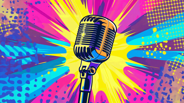 News comic text speech bubble. pop art style fashion. Girl hand hold microphone cartoon vector illustration. Retro poster comic book performance. Entertainment colourful background