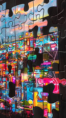 a giant puzzle forming the backdrop, with each piece representing a key aspect of the