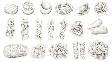 drawing in sketch style. vintage set of types of pasta. italian food, pasta