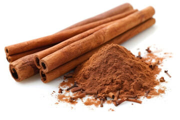 cinnamon sticks and ground cinnamon on a bright white surface
