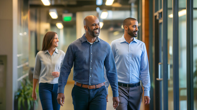 Diverse business team in casual attire walking through an office hallway, engaged in conversation