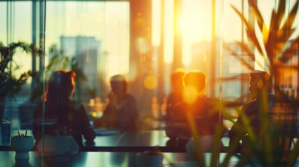 Fototapeta premium Dynamic Corporate Meeting: Executives Engaging in Strategic Discussions at Sunset in a Modern Office