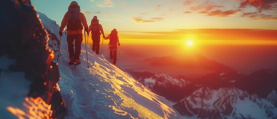Silhouettes of Climbers on Mountain Ridge at Sunrise, Displaying Determination and Team Spirit
