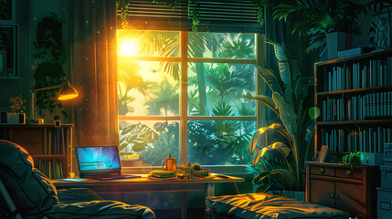 Lofi living room with laptop and study table 