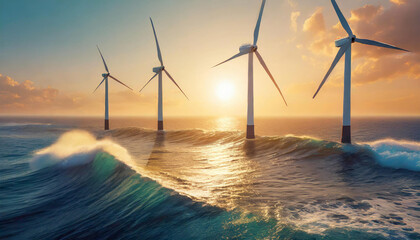 Illustration of a wind farm with turbines silhouetted in the ocean against a golden sunset with waves crashing in the foreground. Renewable energy concept. Generative ai