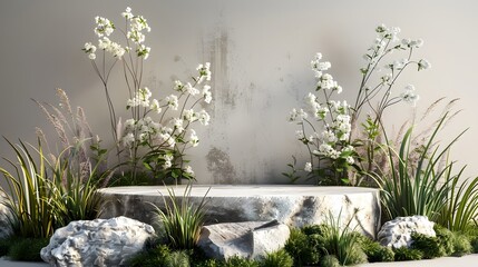 Natural beauty podium backdrop with stone and flower grass. 3d render.

