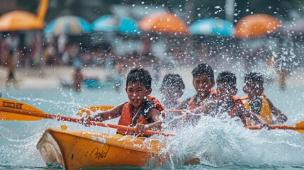 Fototapeta premium A group of individuals having a boat ride in the water on the back of a bright yellow boat.