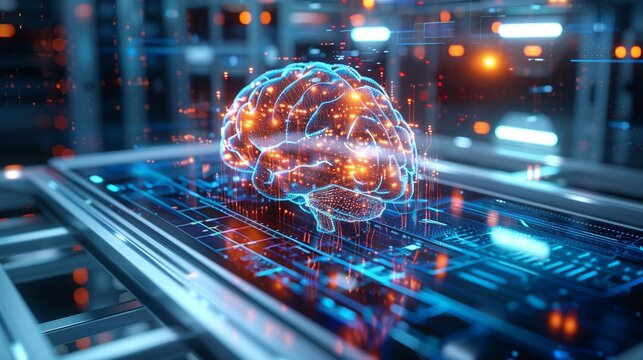 Holographic brain projection floats above a digital platform amidst a futuristic environment, symbolizing advanced concepts in neuroscience and cognitive psychology with a hightech aesthetic