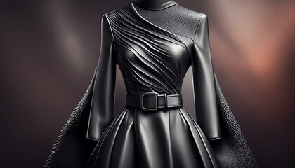 Picture a fashion design setting showcasing a sleek, monochrome charcoal evening gown