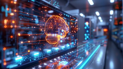 Obraz premium Detailed holographic projection of a human brain floats in a futuristic environment with digital panels