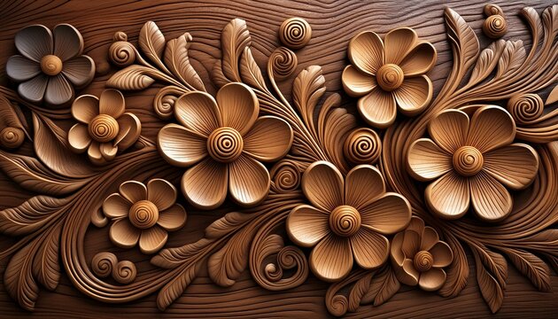 Picture an exquisite floral pattern carved from mahogany wood, featuring roses, daisies
