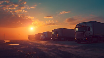 Fototapeta na wymiar Parked trucks in front of bright sunrise 