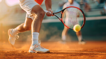 Tennis player playing tennis on the court, closeup of his leg hitting the ball with a racket in an orange t-shirt and white shorts