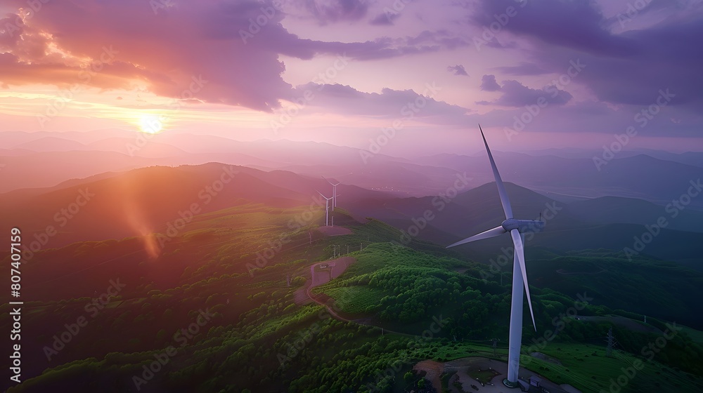 Wall mural Mountain ridge full of wind turbines. Hill top is covered with clouds. Yellow brown autumn colors.
