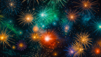 Abstract Background of Colorful Fireworks Against a Starry Sky. Festive and Celebration . Colorful Fireworks Display Exploding in the Night Sky.