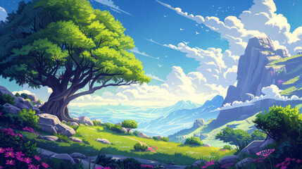 Vibrant fantasy landscape with a lush green tree, rocky terrain, and distant mountains under a clear blue sky.