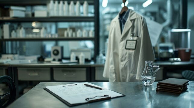 food safety protocols, in a food quality lab, meticulous attention to detail is shown by a lab coat on a chair, with a clipboard and pen on a table, emphasizing thorough documentation in testing