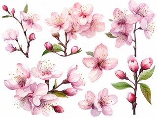 Watercolor cherry blossom clipart in soft pink and white tones, high detailed, clean sharp focus, unique hyper illustrations