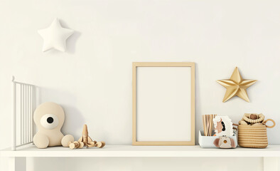 Minimalist Nursery Decor. Empty Frame Mockup In Neutral-Toned Baby Room. Baby Room Picture Frame Mockup.
