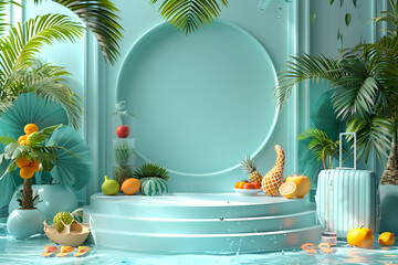 Empty stylish podium 3D mockup background for beauty product presentation. Summer transparent copy space platform surrounded by palm leaves . Cosmetics, perfume or home goods advertising stand.