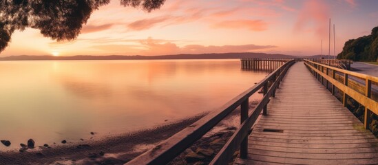 Obraz premium view of the beach at sunset in the evening