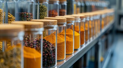 food quality control, in a food quality lab, spices and ingredients are neatly arranged in glass jars for precise testing and measuring of food products