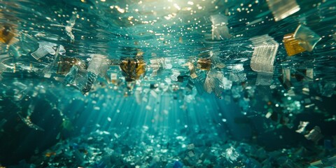 Vivid underwater scene filled with floating plastic debris in turquoise waters, highlighting environmental pollution issues during Earth Day awareness events. Copy space.