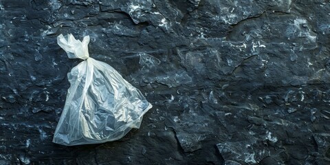 Obraz premium Transparent plastic bag and rugged dark rocky surface, highlighting environmental concerns.
