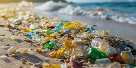 Vivid depiction of colorful plastic pollution on sandy beach, highlighting environmental challenges during Ocean Conservation Awareness events.