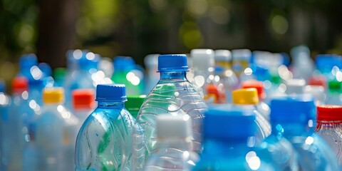 Obraz premium Colorful collection of plastic water bottles highlighting recycling and environmental conservation on bright sunny day.