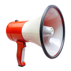 A white and red megaphone with a black strap on the bottom.