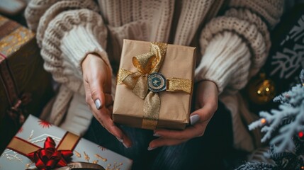 Close up photo of woman hands holding gift box with a golden wristwatch inside