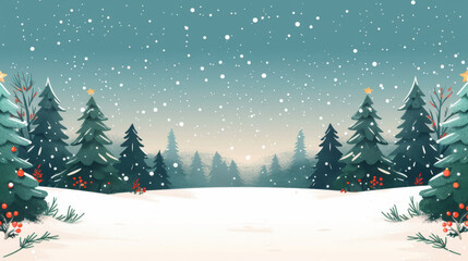 Obraz premium A serene winter landscape depicting a snowy scene with decorated pine trees and falling snowflakes against a dusk sky.