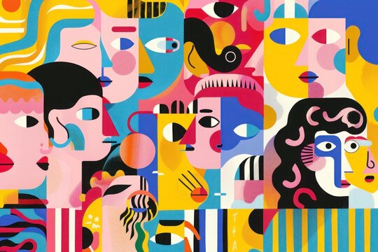 Abstract collage of multiple faces in vibrant colors, perfect for cultural exhibitions and modern art galleries.