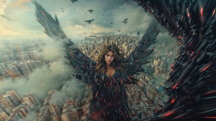 Young Angelic Woman in Futuristic Armor Overlooking a Cityscape with Drones