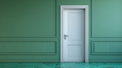 Closed White Door on green Wall, 3d rendering.