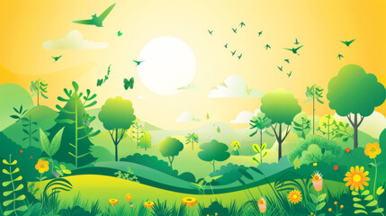 Bright and colorful illustration of a vibrant spring landscape with trees, flowers, and flying birds.