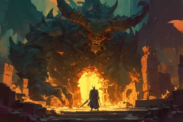 A dark fantasy cartoon illustration of an adventurer standing in the entrance to an ancient dungeon, facing off against a giant demon creature with horns 