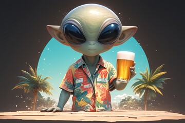 Alien drinking beer in rainbow colors on black background