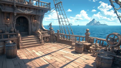 Naklejka premium Ship deck and wheelhouse on an old wooden pirate ship, surrounded by a blue ocean with distant islands in the background. 