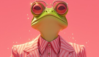 character design, pink background, cute frog in suit and sunglasses