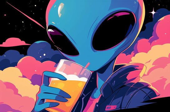 Alien drinking beer in rainbow colors on black background
