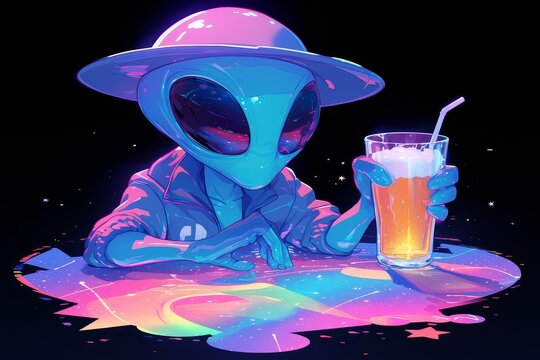alien drinking beer in rainbow colors on black background